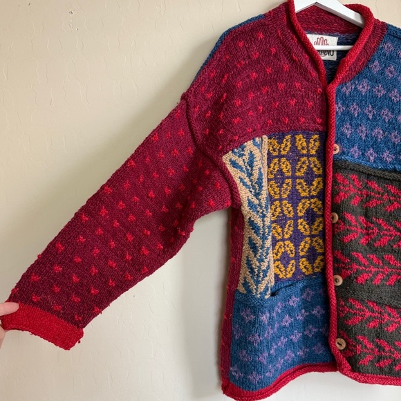 Amano Hand Knitted Multicolor Patchwork Wool Chunky Cardigan Sweater Medium - Picture 2 of 9